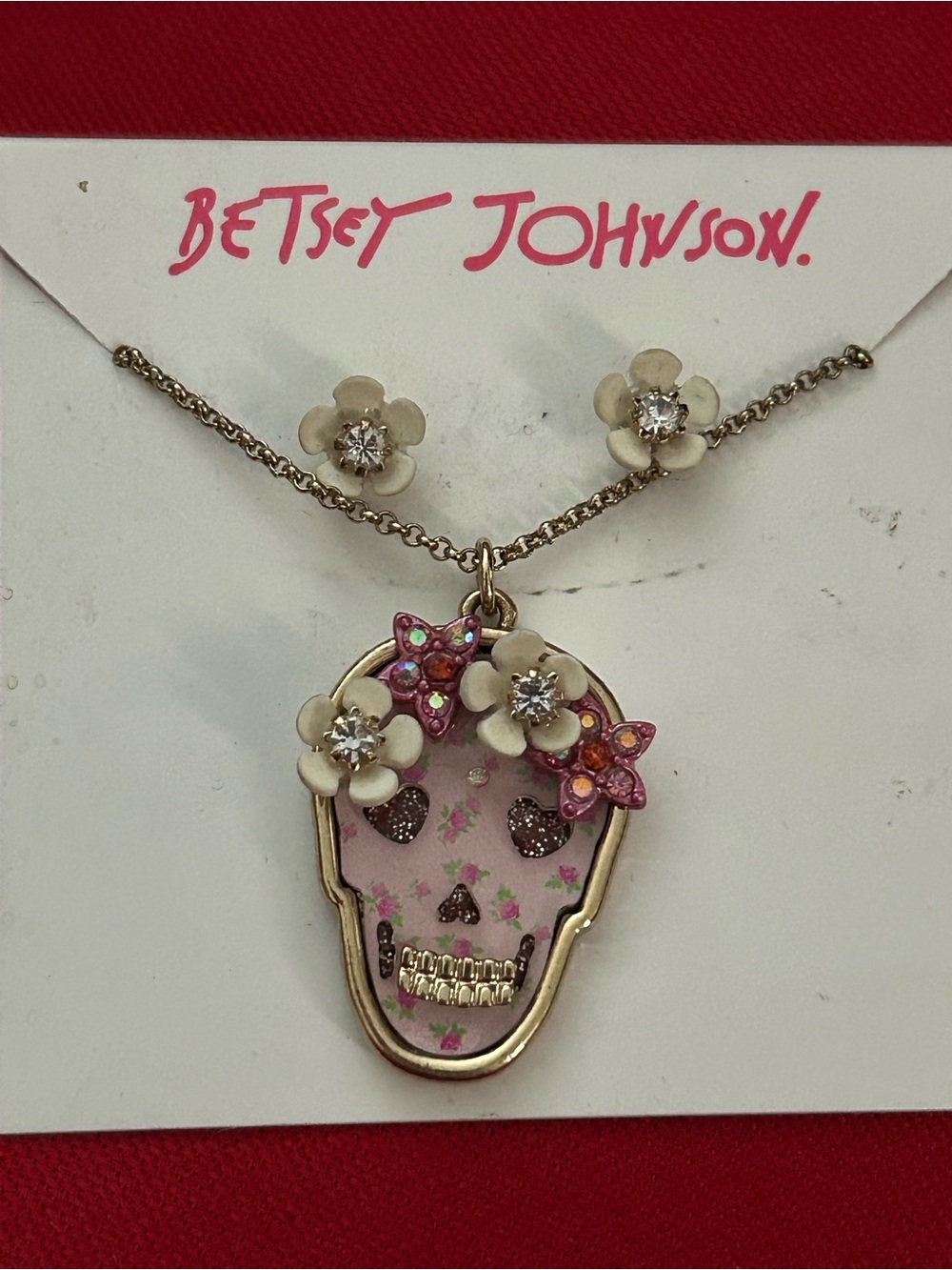 Betsey Johnson Pink Floral Skull/Day of the Dead Necklace and Earrings Set New